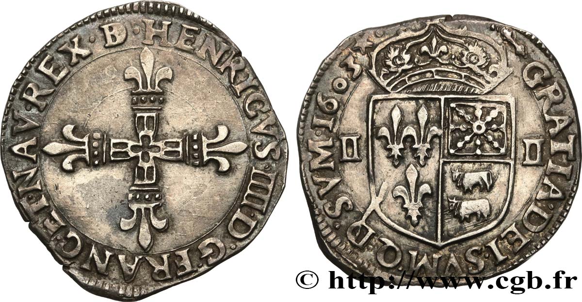 HENRY IV Quart d écu de Béarn 1603 Pau XF/AU