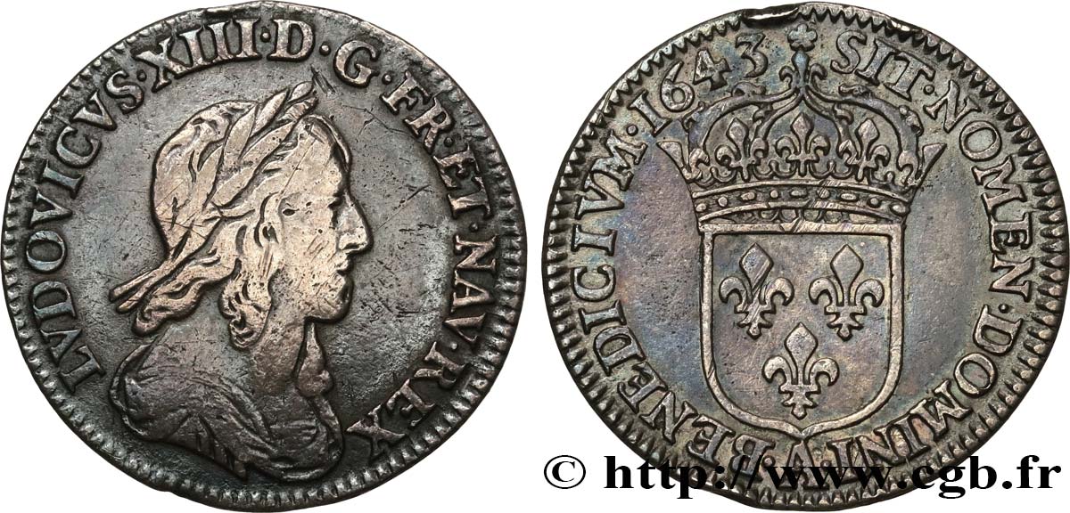 LOUIS XIII  Douzième d écu, buste drapé et cuirassé (2e buste de Jean Warin) 1643 Paris, Monnaie de Matignon BC+/MBC+