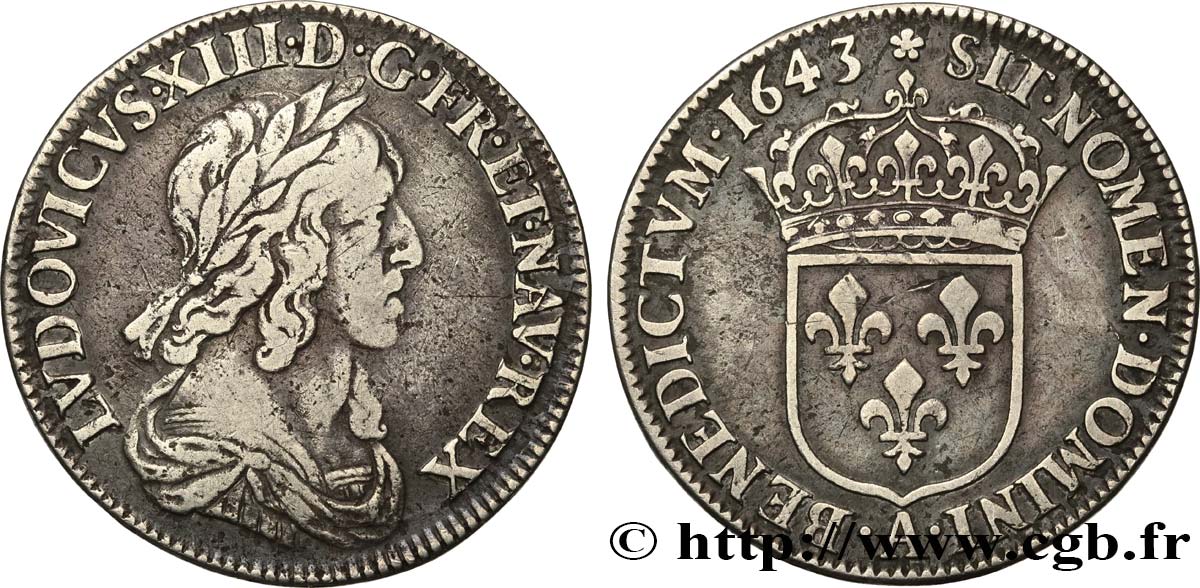LOUIS XIII LE JUSTE Quart d écu, buste drapé et cuirassé (2e buste de Jean Warin) 1643 Paris, Monnaie de Matignon TB+/TTB