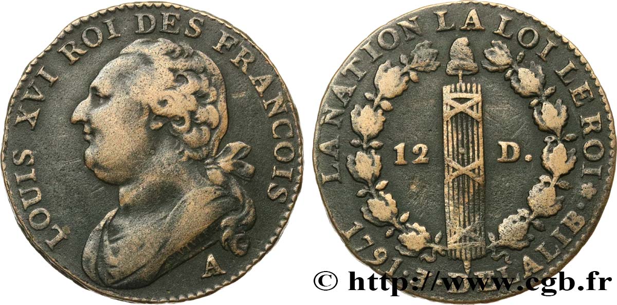 LOUIS XVI (MONARQUE CONSTITUTIONNEL)  12 deniers dit  au faisceau , type FRANÇOIS 1791 Paris TTB