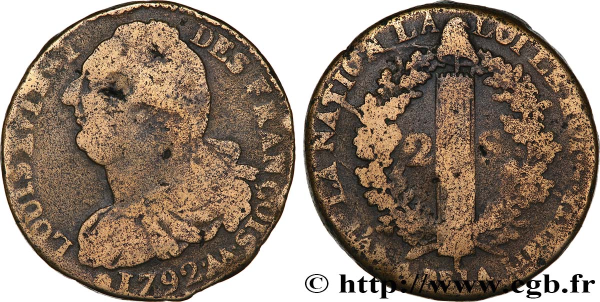 LOUIS XVI (MONARQUE CONSTITUTIONNEL)  2 sols dit  au faisceau , type FRANÇOIS 1792 Metz B+