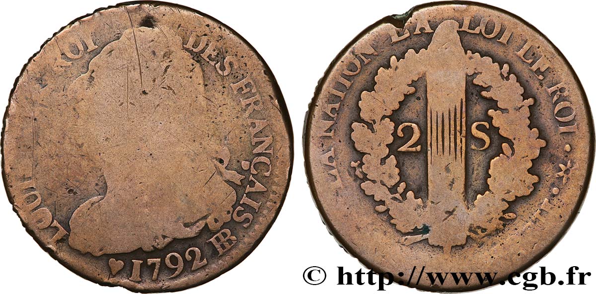 LOUIS XVI (MONARQUE CONSTITUTIONNEL)  2 sols dit  au faisceau , type FRANÇAIS 1792 Strasbourg B