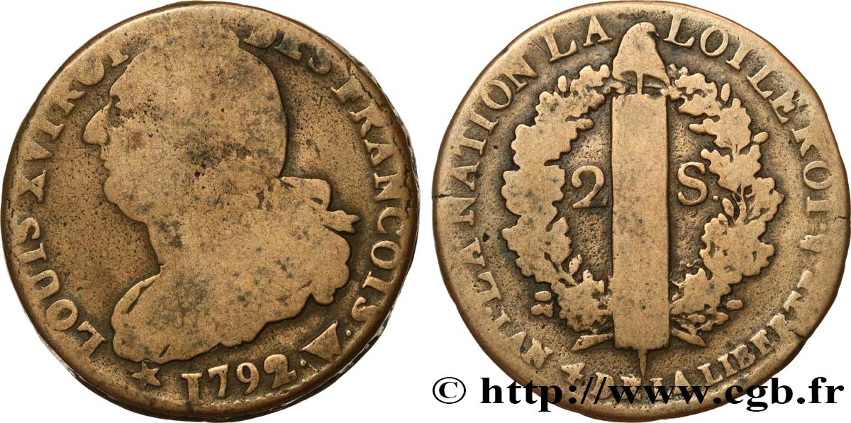 LOUIS XVI 2 sols dit  au faisceau , type FRANÇOIS 1792 Lille VF