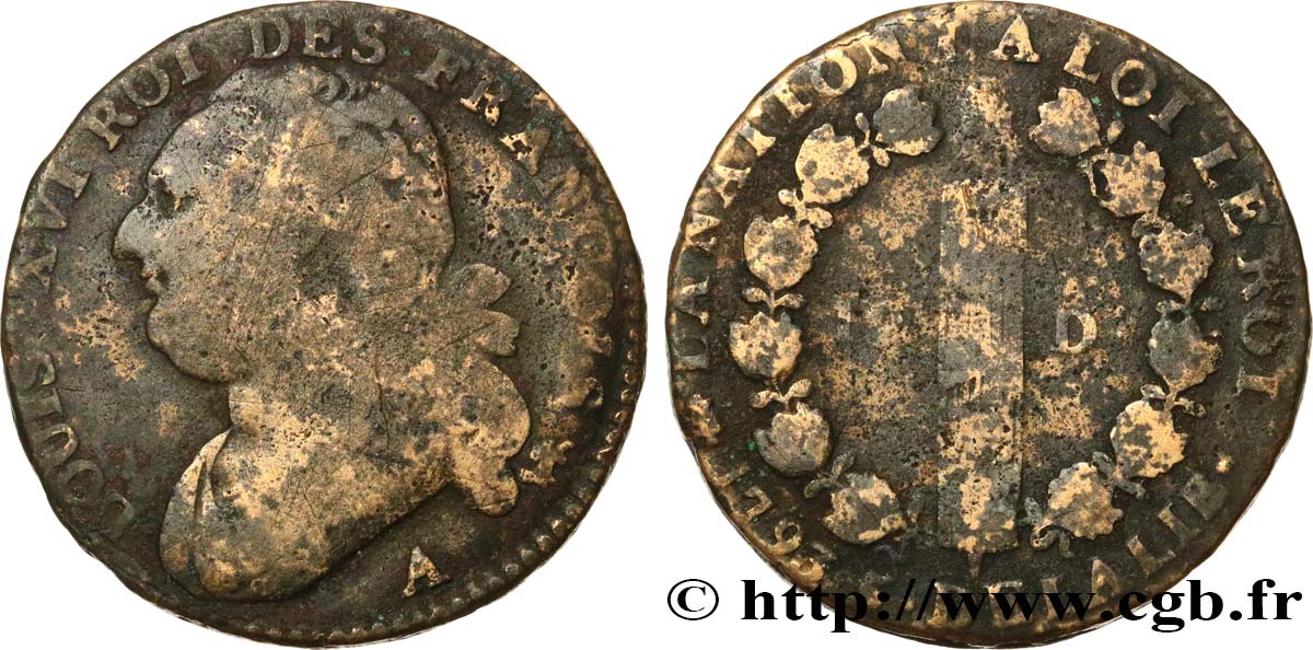 LOUIS XVI (MONARQUE CONSTITUTIONNEL)  12 deniers dit  au faisceau , type FRANÇOIS 1793 Paris B+
