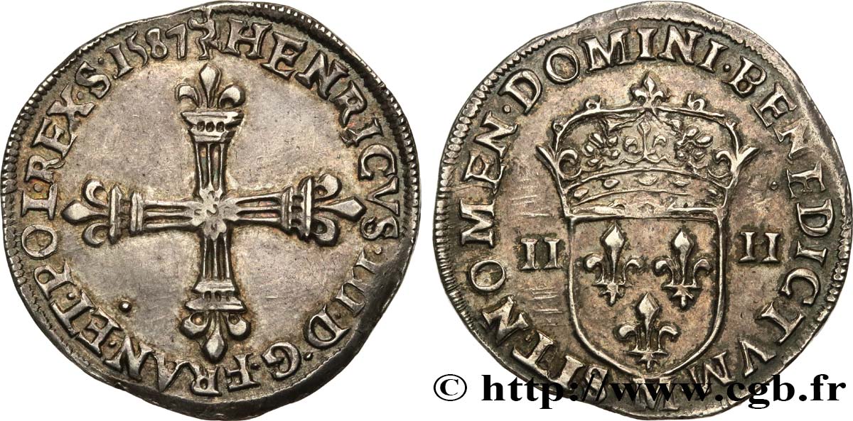 HENRY III Quart d écu, croix de face 1587 Toulouse fVZ