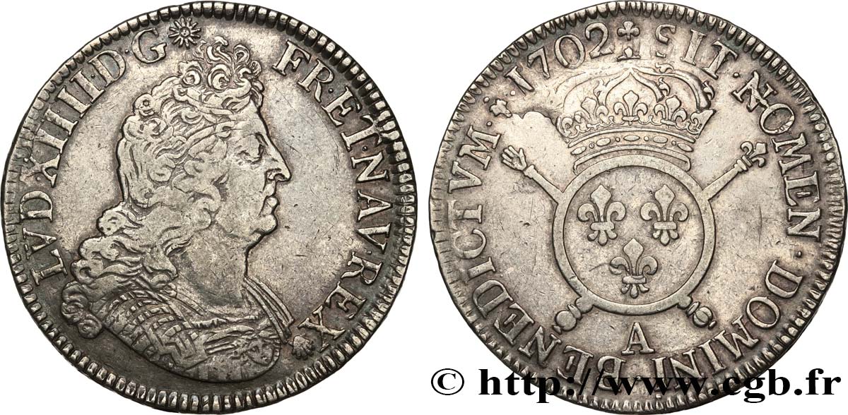 LOUIS XIV  THE SUN KING  Écu aux insignes 1702 Paris BB/q.SPL