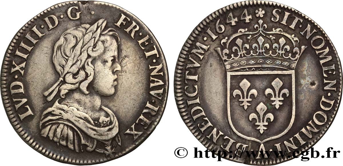 LOUIS XIV  THE SUN KING  Quart d écu, portrait à la mèche courte 1644 Paris, Monnaie de Matignon MBC
