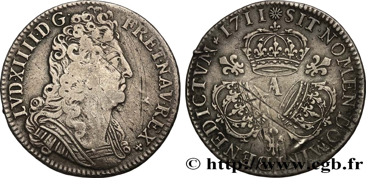 LOUIS XIV  THE SUN KING  Quart d écu aux trois couronnes 1711 Paris fSS/SS