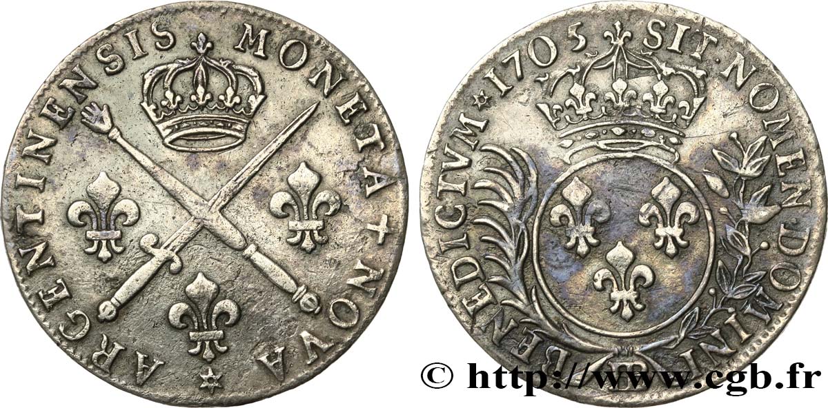 LOUIS XIV  THE SUN KING  Trente-trois sols aux insignes 1705 Strasbourg MBC+
