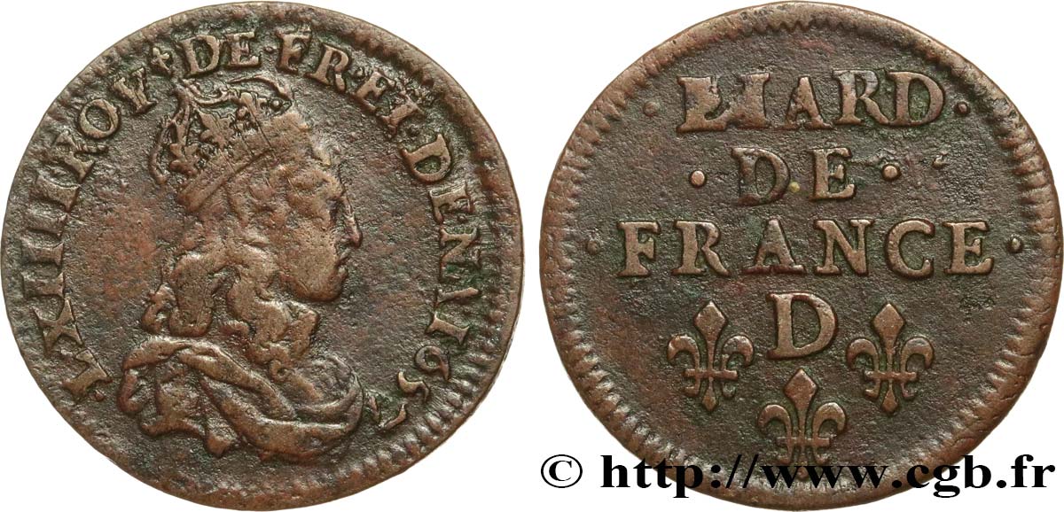 LOUIS XIV  THE SUN KING  Liard de cuivre, 2e type 1657 Vimy-en-Lyonnais (actuellement Neuville-sur-Saône) BB