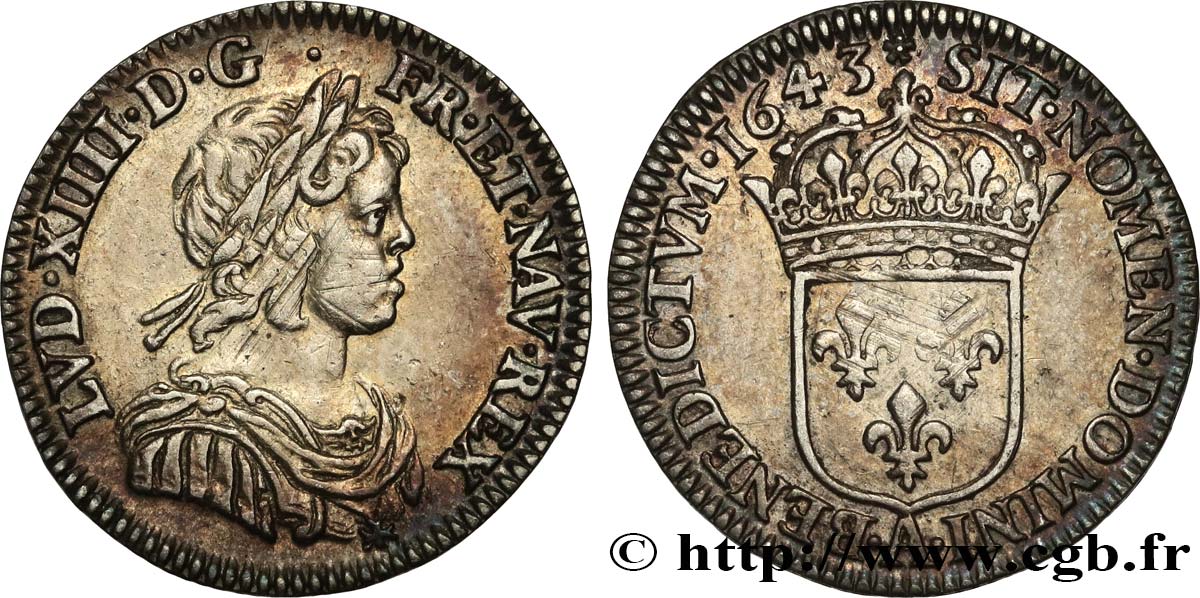 LOUIS XIV LE GRAND OU LE ROI SOLEIL Douzième d écu, portrait à la mèche courte 1643 Paris, Monnaie de Matignon TTB+