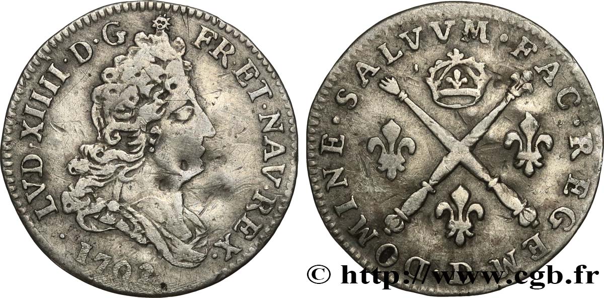 LOUIS XIV  THE SUN KING  Cinq sols aux insignes 1702 Lyon BC+/MBC