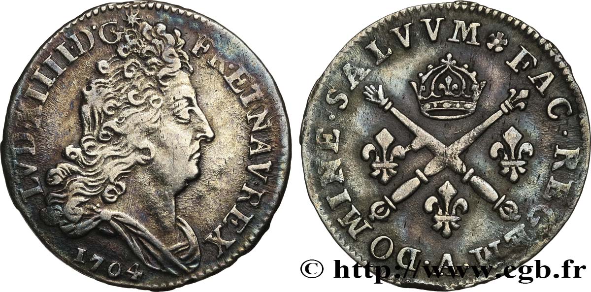 LOUIS XIV  THE SUN KING  10 sols aux insignes 1704 Paris q.SPL