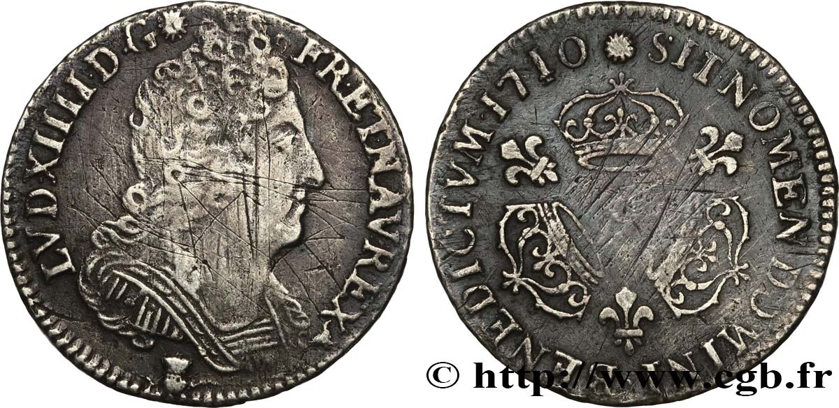 LOUIS XIV  THE SUN KING  Dixième d écu aux trois couronnes 1710 Rennes XF