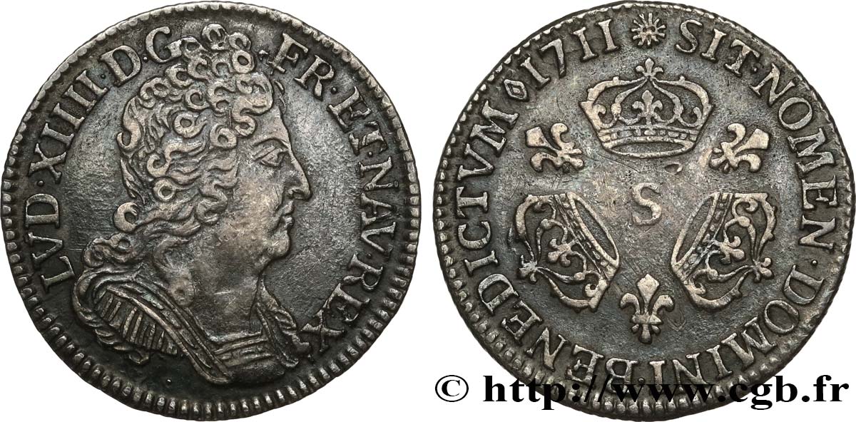 LOUIS XIV  THE SUN KING  Dixième d écu aux trois couronnes 1711 Reims AU