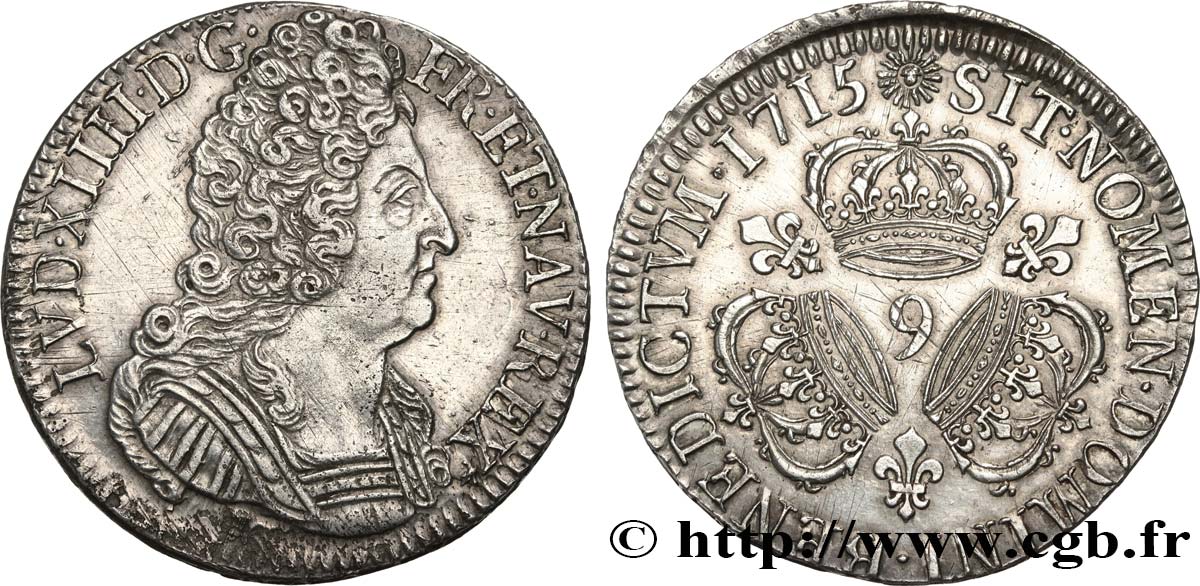 LOUIS XIV  THE SUN KING  Écu aux trois couronnes 1715 Rennes SPL