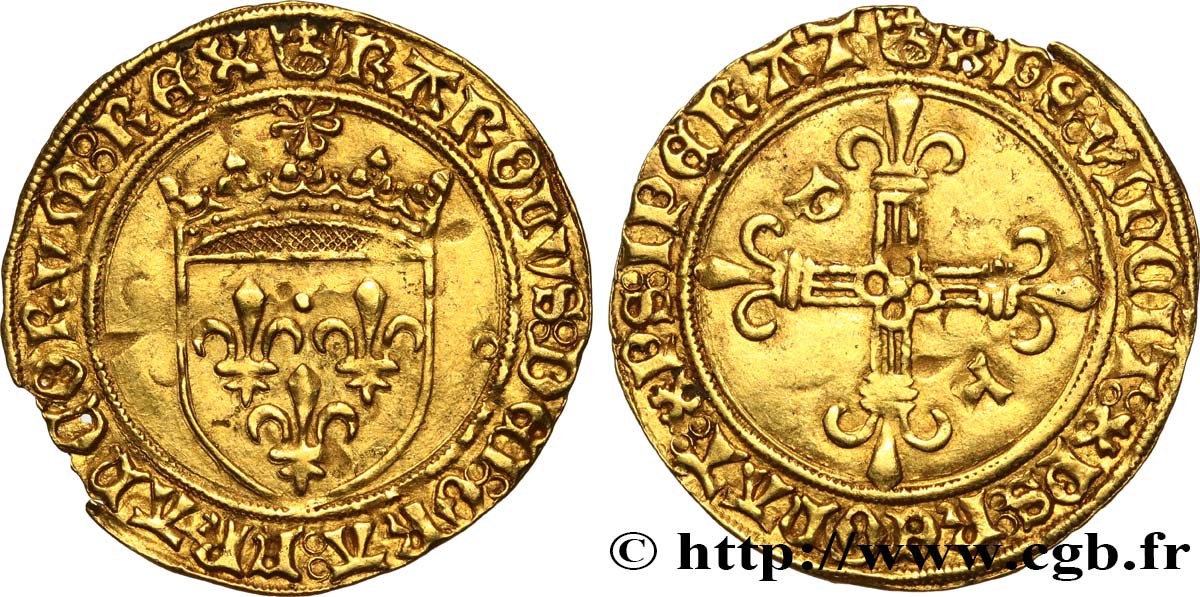 CHARLES VIII Écu d or au soleil, type spécial à la croix cantonnée de lettres n.d. Poitiers SUP