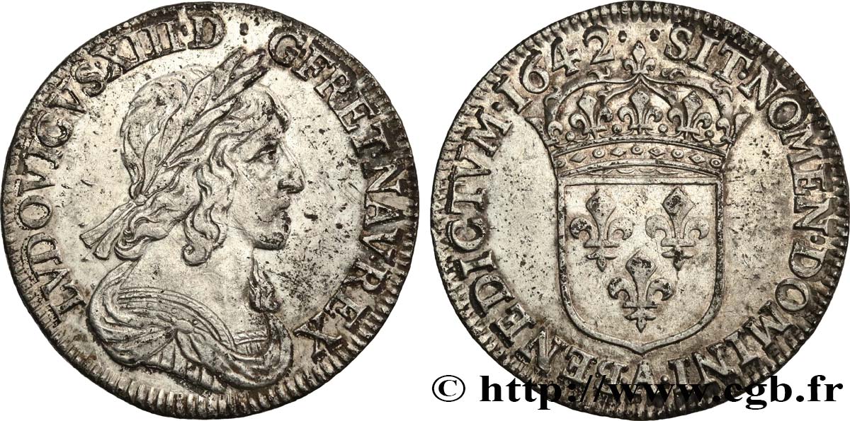 LOUIS XIII LE JUSTE Quart d écu d argent, 3e type, 2e poinçon de Warin 1642 Paris, Monnaie du Louvre TTB/TTB+