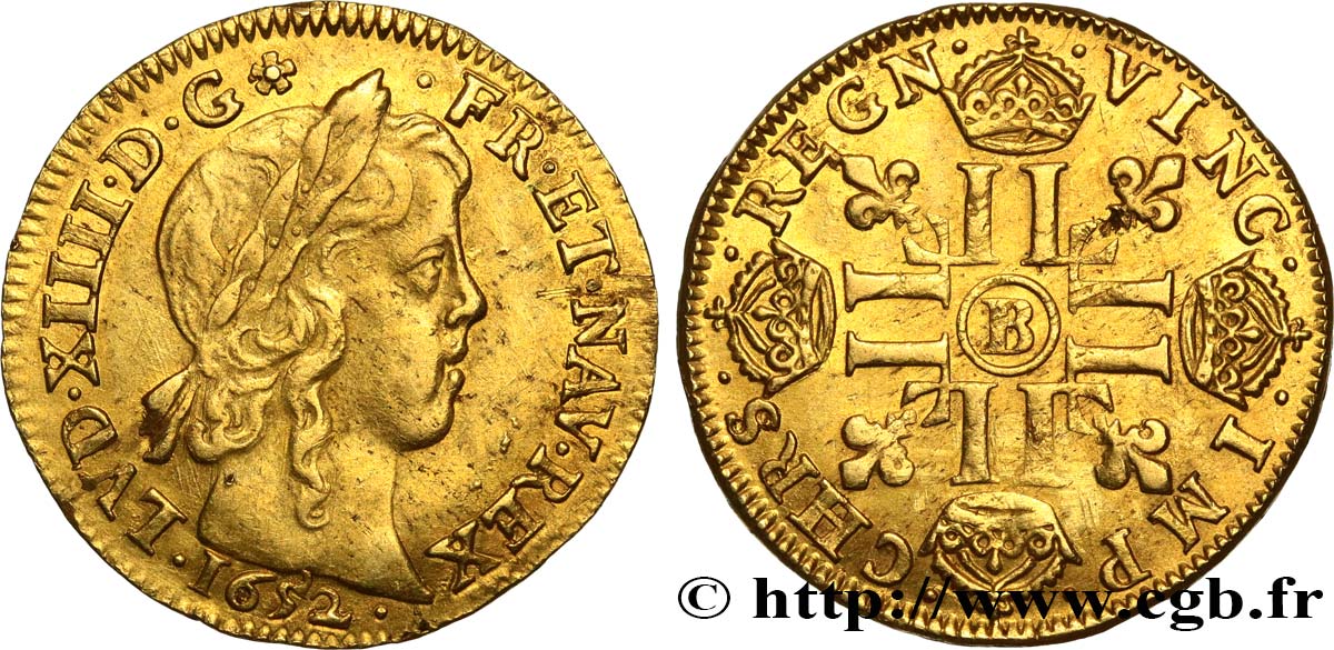 LOUIS XIV  THE SUN KING  Louis d’or aux huit L, portrait à la mèche longue 1652 Rouen SPL