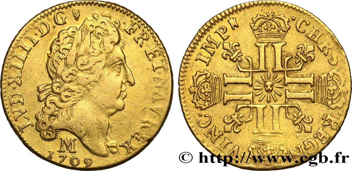 LOUIS XIV LE GRAND OU LE ROI SOLEIL Louis d&nbsp;or au soleil 1709 Toulouse TB+/TTB