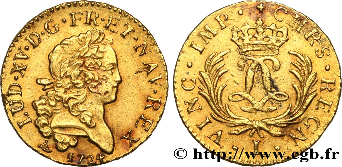 LOUIS XV THE BELOVED Louis d or aux deux L entrelacées et aux palmes longues 1724 Limoges XF