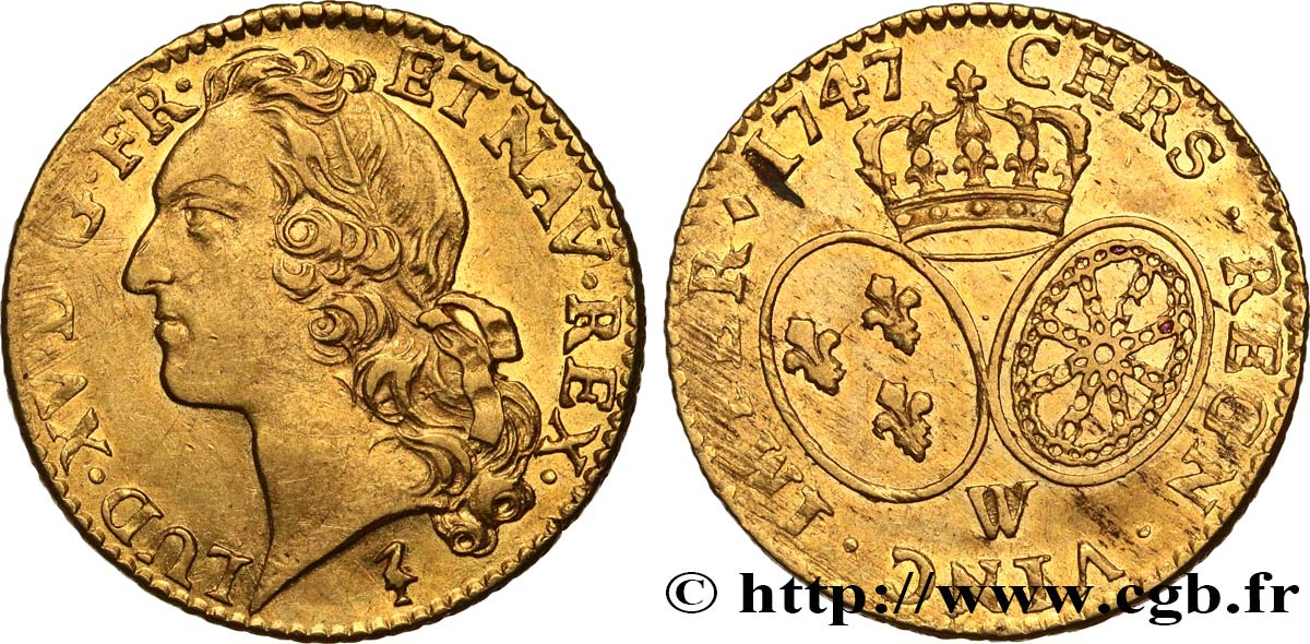 LOUIS XV &nbsp;THE WELL-BELOVED&nbsp; Louis d’or aux écus ovales, tête ceinte d’un bandeau 1747 Lille AU
