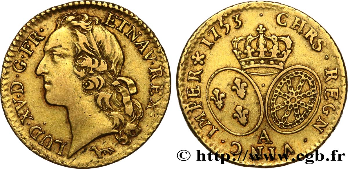 LOUIS XV THE BELOVED Louis d’or aux écus ovales, tête ceinte d’un bandeau 1753 Paris XF