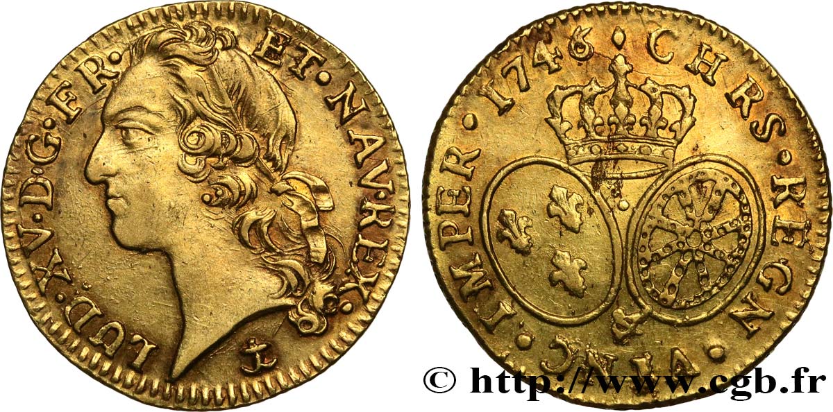 LOUIS XV THE BELOVED Louis d’or aux écus ovales, tête ceinte d’un bandeau 1746 Aix-en-Provence AU