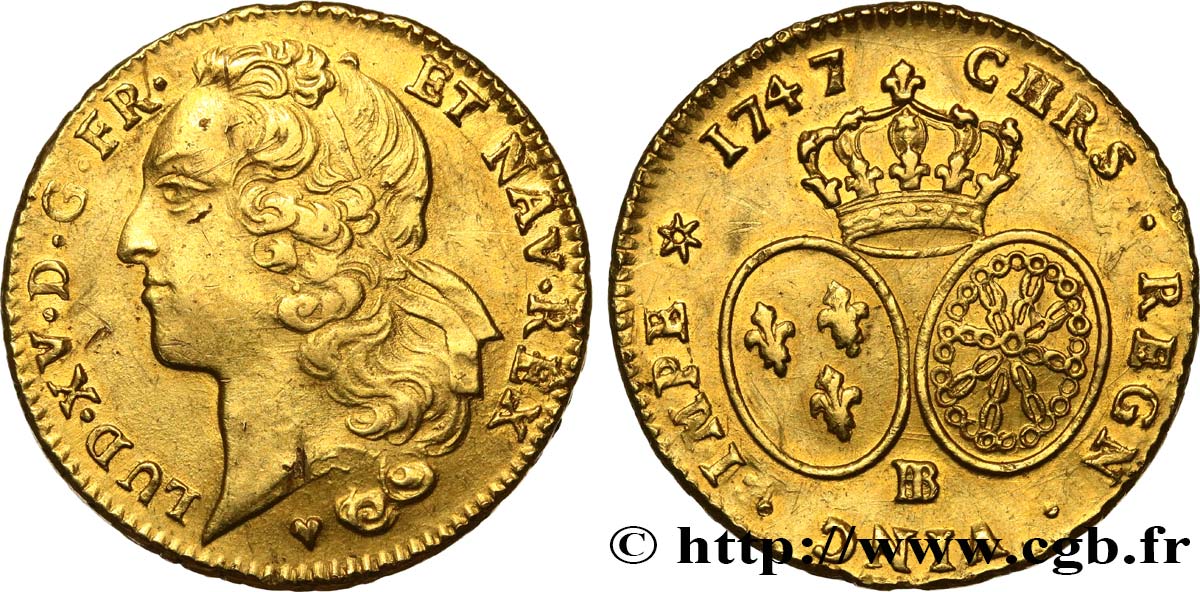 LOUIS XV  THE WELL-BELOVED  Double louis d’or aux écus ovales, tête ceinte d’un bandeau 1747 Strasbourg SS/fVZ