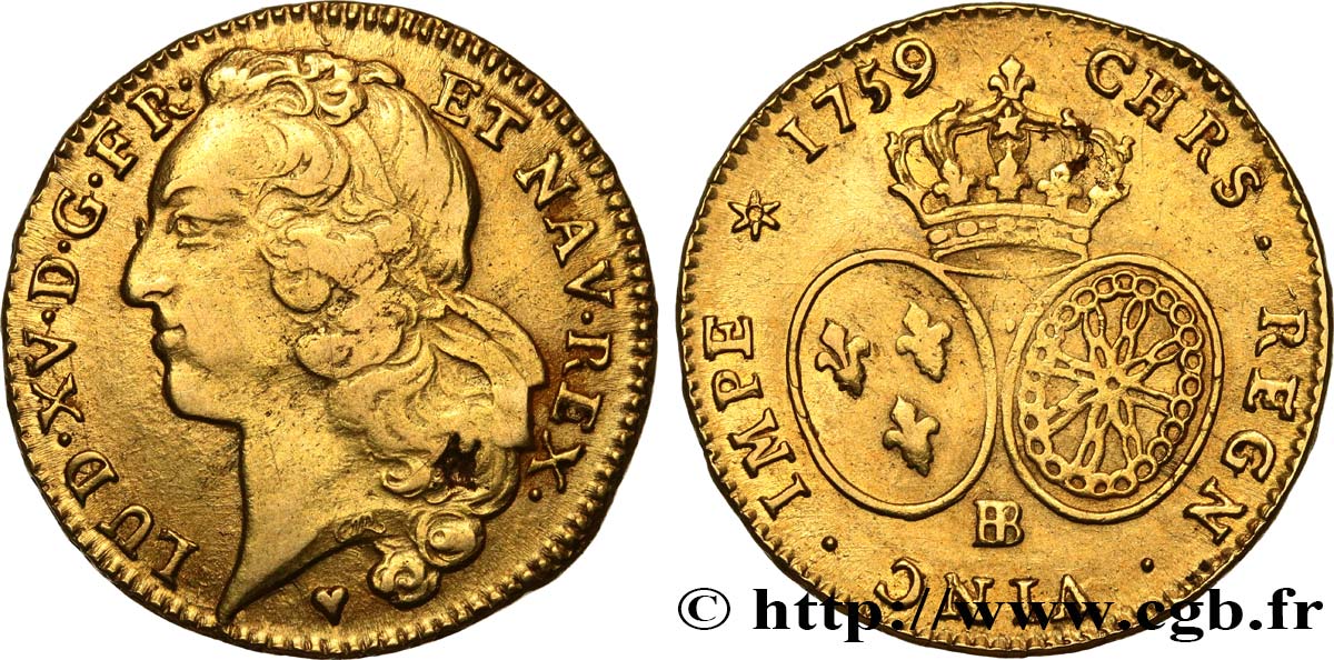 LOUIS XV  THE WELL-BELOVED  Double louis d’or aux écus ovales, tête ceinte d’un bandeau 1759 Strasbourg BB