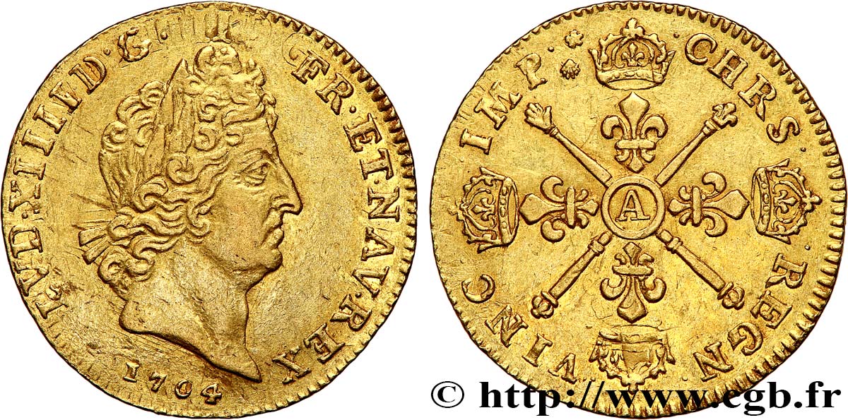 LOUIS XIV  THE SUN KING  Louis d or aux insignes 1704 Paris q.SPL