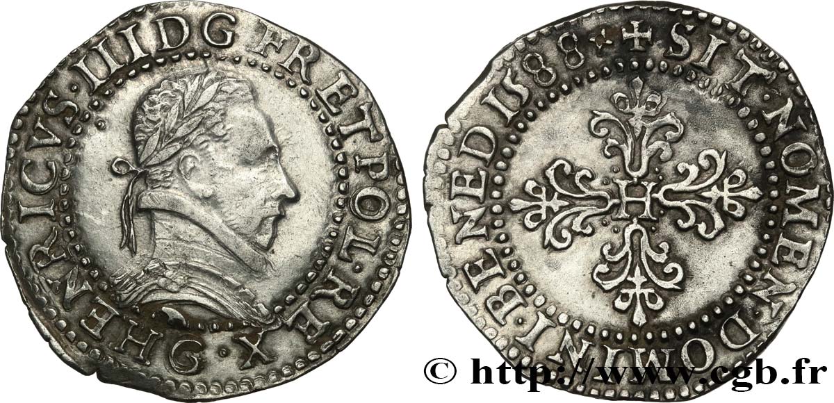 HENRY III Demi-franc au col plat 1588 Poitiers AU