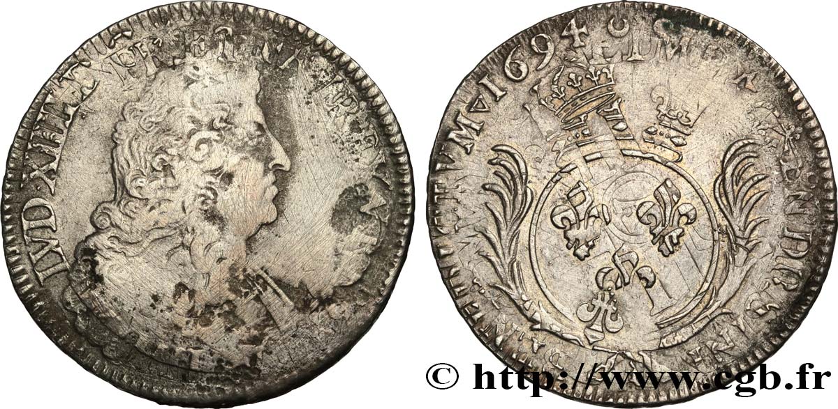 LOUIS XIV LE GRAND OU LE ROI SOLEIL Écu aux palmes 1694 Paris B/TB+