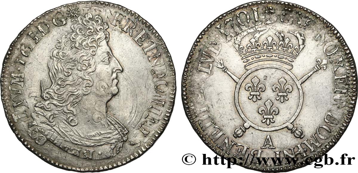 LOUIS XIV  THE SUN KING  Écu aux insignes 1701 Paris q.SPL