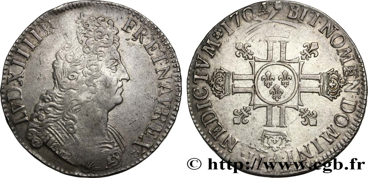 LOUIS XIV LE GRAND OU LE ROI SOLEIL Écu aux huit L, 2e type 1704 Paris TTB/TTB+