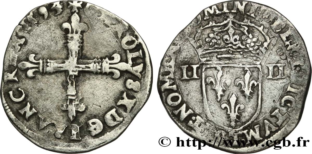 CHARLES X, CARDINAL DE BOURBON Quart d écu, croix de face 1593 Nantes TB+
