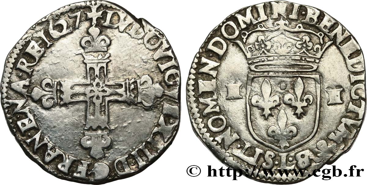 LOUIS XIII LE JUSTE Quart d écu, à la croix fleurdelisée, titulature côté croix 1627 Bayonne TB