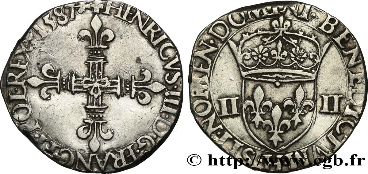 HENRI III Quart d écu, croix de face 1587 La Rochelle TB+