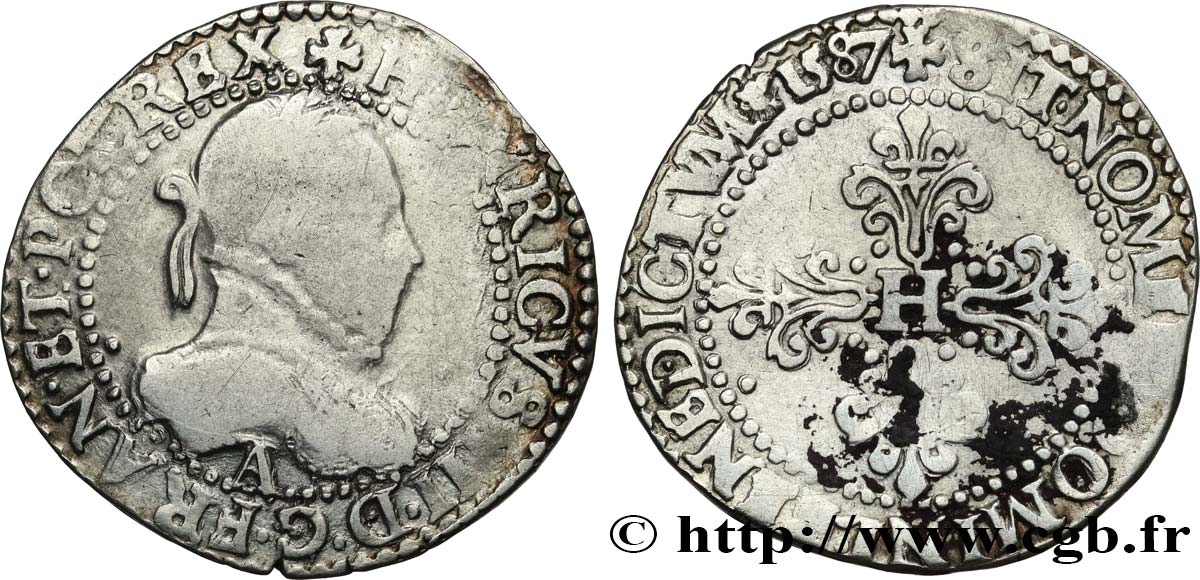 HENRI III Demi-franc au col gaufré 1587 Paris TB