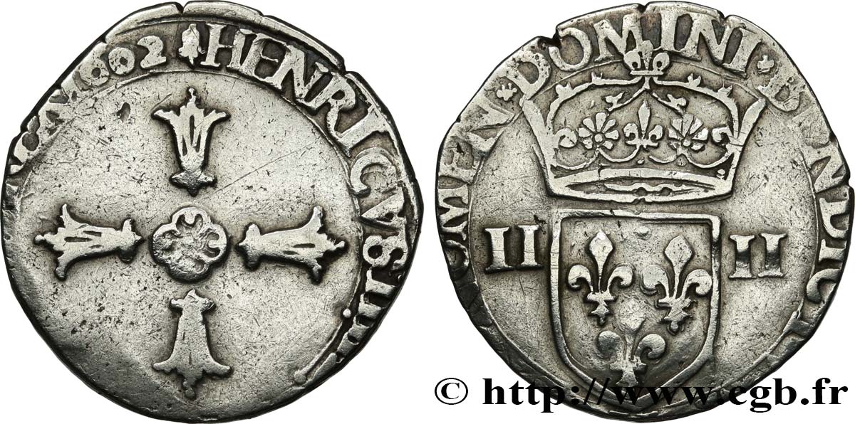 HENRY IV Quart d écu, croix feuillue de face 1602 La Rochelle BC+