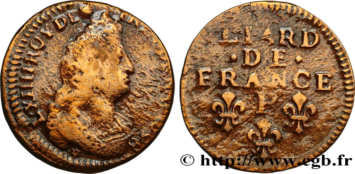 LOUIS XIV  THE SUN KING  Liard, 3e type, buste âgé 1698 Dijon VF/VF