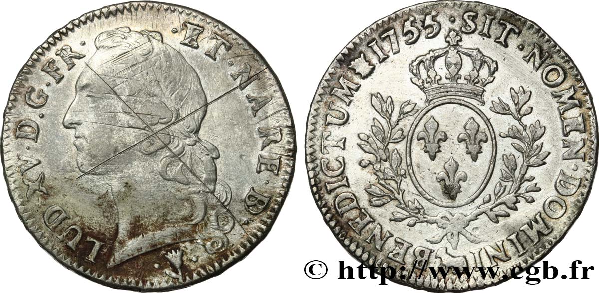 LOUIS XV &nbsp;THE WELL-BELOVED&nbsp; Écu aux branches d’olivier, tête ceinte d’un bandeau 1755 Pau VF/XF