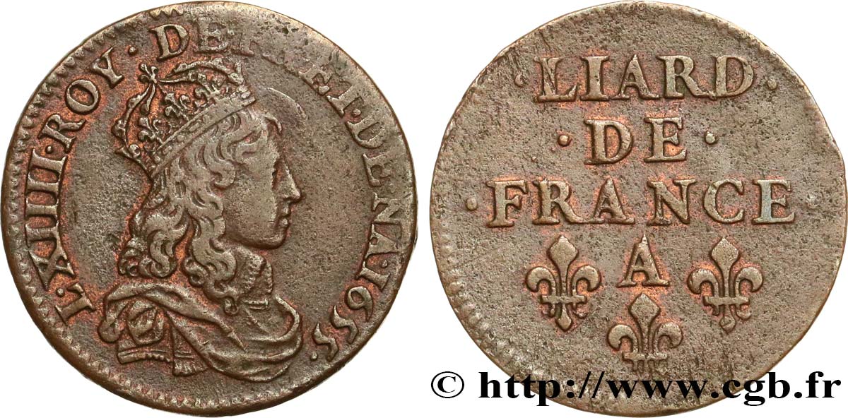 LOUIS XIV LE GRAND OU LE ROI SOLEIL Liard de cuivre, 2e type 1655 Corbeil TTB