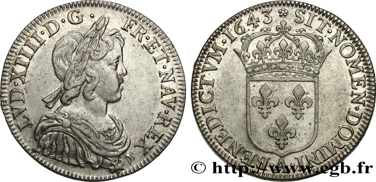 LOUIS XIV LE GRAND OU LE ROI SOLEIL Demi-écu à la mèche courte 1643 Paris, Monnaie de Matignon TTB/TTB+