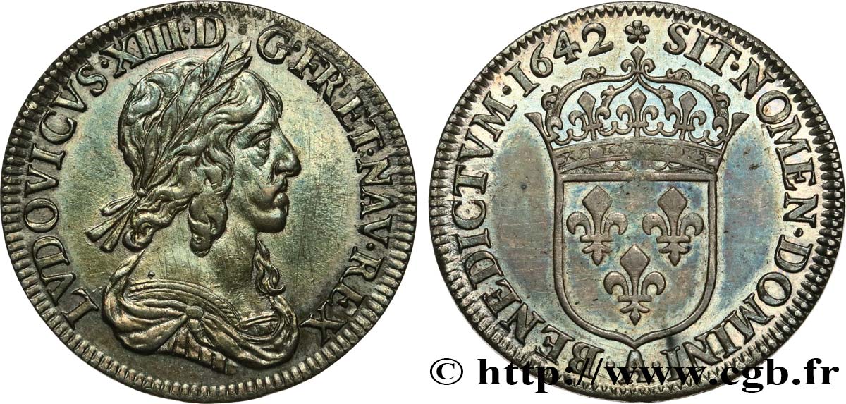 LOUIS XIII LE JUSTE Quart d écu, buste drapé et cuirassé (2e buste de Jean Warin) 1642 Paris, Monnaie de Matignon TTB+/TTB