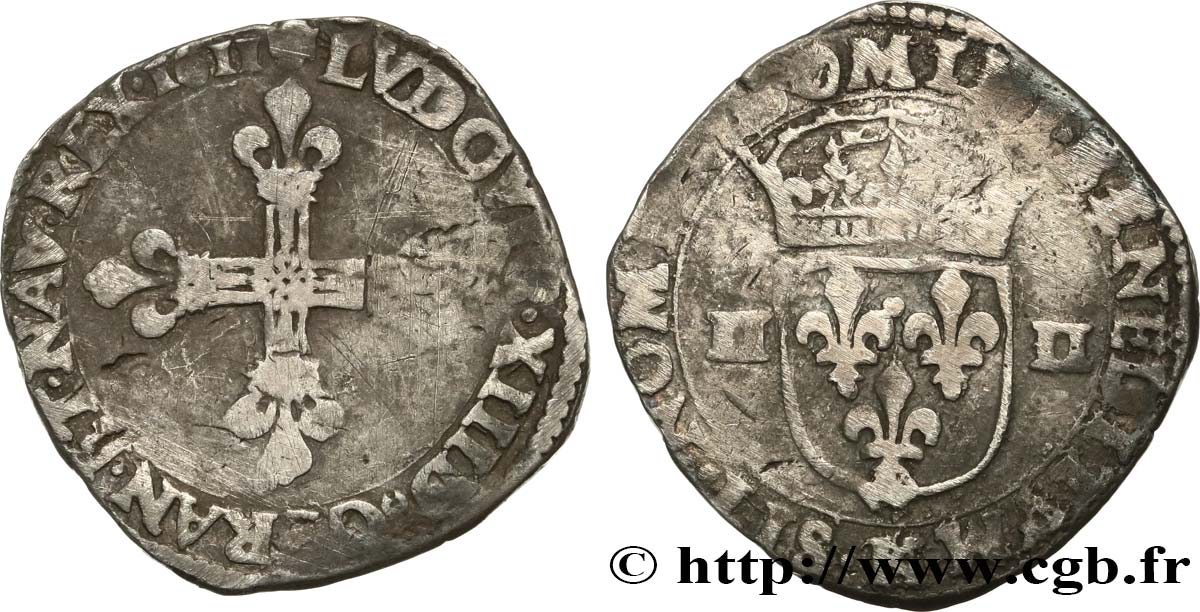 LOUIS XIII  Quart d écu, à la croix fleurdelisée, titulature côté croix 1611 Bordeaux VF