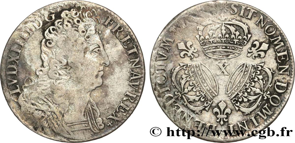 LOUIS XIV  THE SUN KING  Quart d écu aux trois couronnes n.d. Amiens BC/BC+