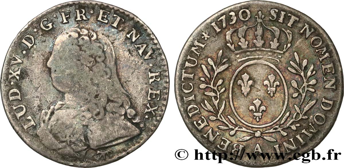 LOUIS XV  THE WELL-BELOVED  Dixième d’écu aux branches d’olivier, buste habillé 1730 Paris F/VF