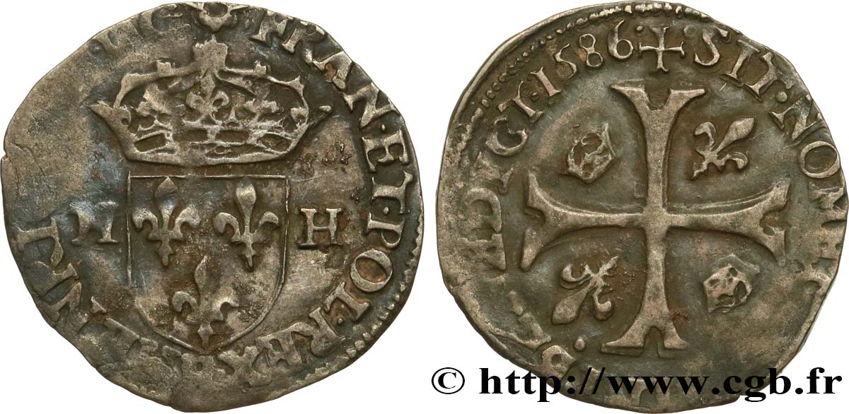 HENRY III Douzain aux deux H, 3e type 1586 Rouen BC+