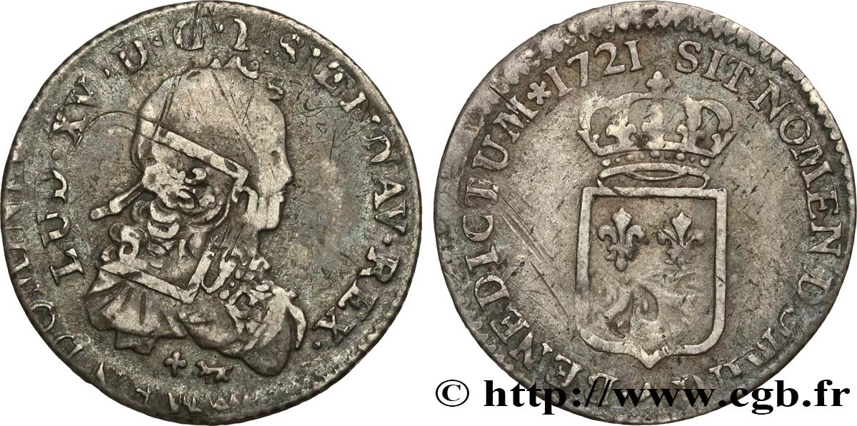 LOUIS XV  THE WELL-BELOVED  Sixième d écu de France 1721 Paris VF